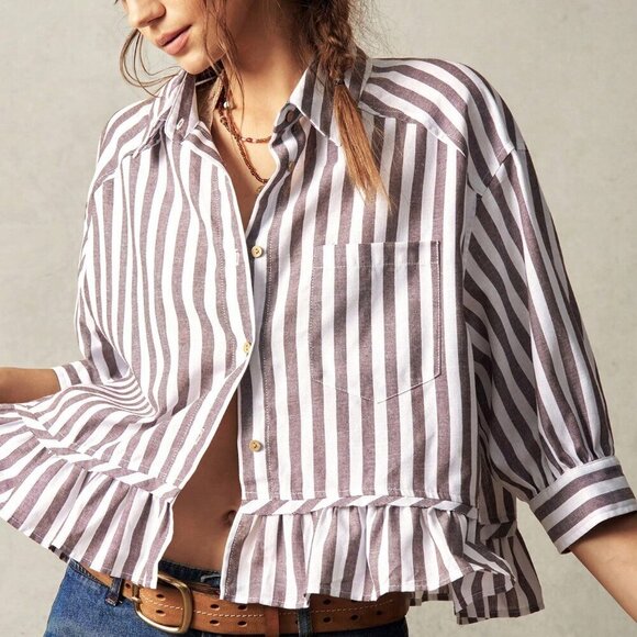 Brown Casual Women's Woven Striped Shirt Vacation natuical beachy travel europe - Picture 4 of 8